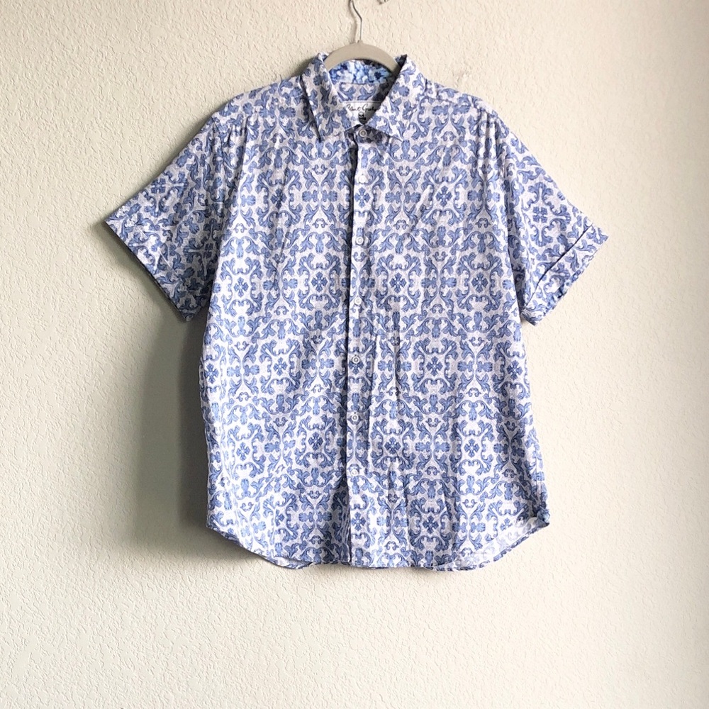 Robert Graham Linen Blend Button Front Short Sleeve Shirt Printed XL
